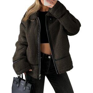 Women's Faux Fur Jacket Winter Trendy Sherpa Moto Leather Patchwork Zip Up Brown